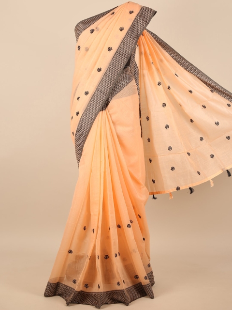 

Pothys Peach-Coloured & Black Ethnic Motifs Embroidered Saree