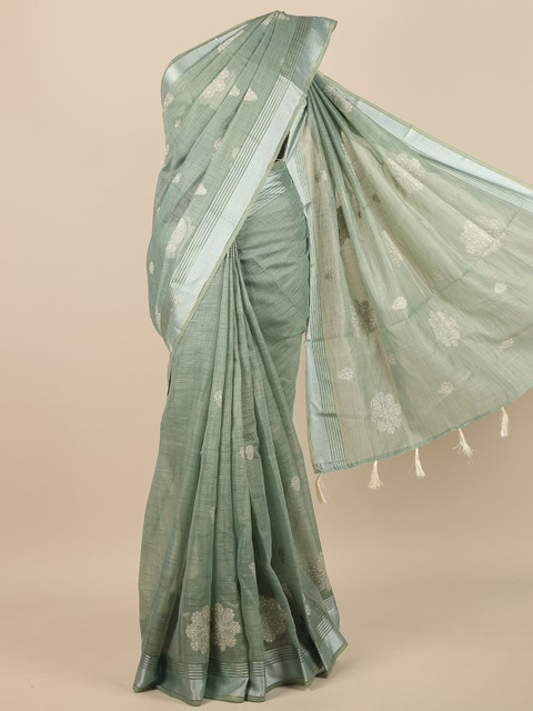 

Pothys Green & Silver-Toned Ethnic Motifs Embroidered Saree