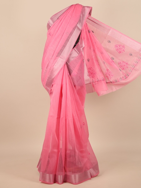 

Pothys Pink & Grey Ethnic Motifs Embroidered Saree