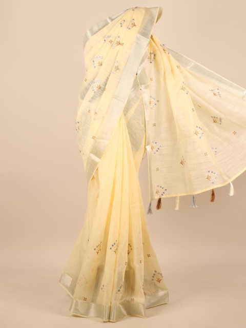 

Pothys Cream-Coloured & Silver-Toned Ethnic Motifs Embroidered Saree