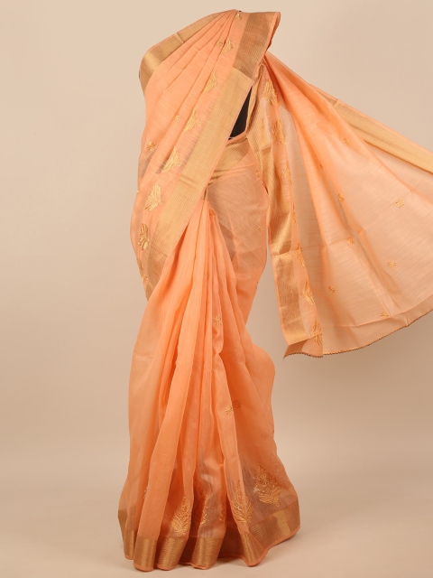 

Pothys Peach-Coloured & Gold-Toned Ethnic Motifs Embroidered Saree