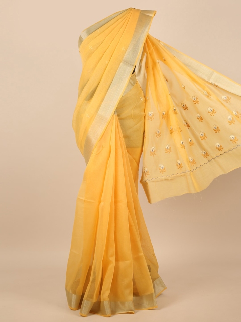 

Pothys Yellow & Silver-Toned Ethnic Motifs Embroidered Saree