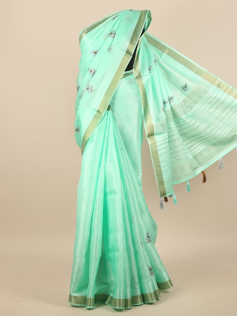 

Pothys Sea Green & Gold-Toned Ethnic Motifs Embroidered Saree
