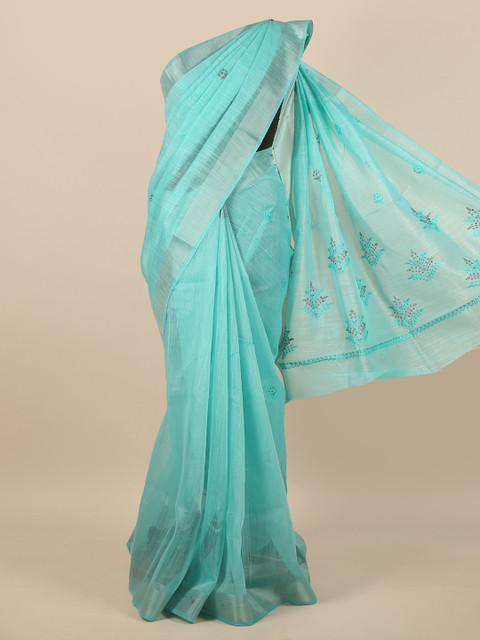 

Pothys Blue & Silver-Toned Ethnic Motifs Embroidered Saree