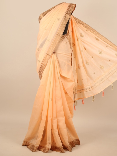 

Pothys Peach-Coloured & Gold-Toned Ethnic Motifs Embroidered Saree