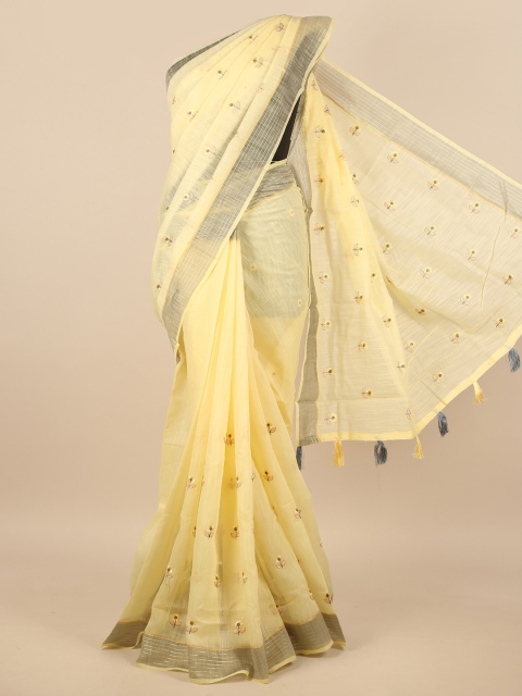 

Pothys Yellow & Grey Embellished Embroidered Saree