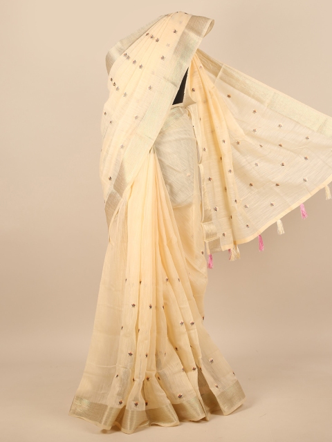 

Pothys Cream-Coloured & Gold-Toned Ethnic Motifs Embroidered Saree