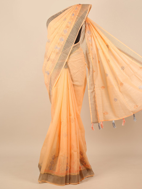 

Pothys Peach-Coloured & Grey Embellished Embroidered Saree