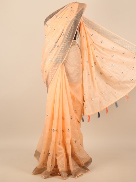 

Pothys Peach-Coloured & Gold-Toned Ethnic Motifs Embroidered Saree