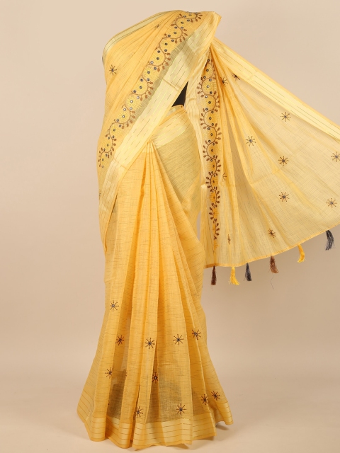 

Pothys Yellow & Gold-Toned Embellished Mirror Work Saree