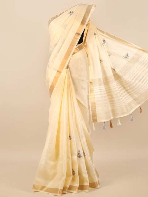 

Pothys Cream-Coloured & Gold-Toned Ethnic Motifs Embroidered Saree