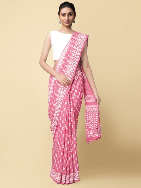 

Unnati Silks Pink & White Dabu Pure Cotton Dabu Saree