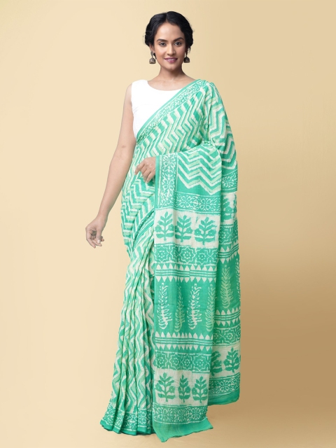 

Unnati Silks Women Green & White Pure Preet Dabu Mulmul Cotton Sustainable Saree