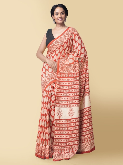 

Unnati Silks Women Red & White Pure Preet Bagru Mulmul Cotton Sustainable Saree