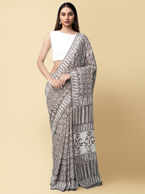 

Unnati Silks Women Grey & White Pure Preet Dabu Mulmul Cotton Sustainable Saree