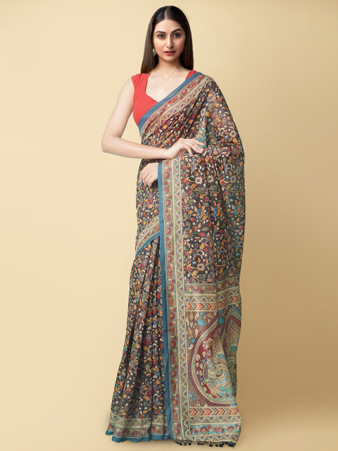 

Unnati Silks Black & Blue Kalamkari Silk Cotton Chanderi Saree