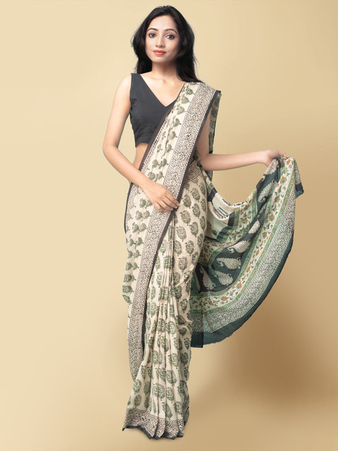 

Unnati Silks Women Cream-Coloured & Green Pure Preet Bagru Mulmul Cotton Sustainable Saree