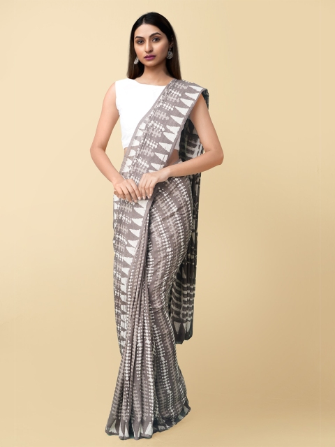 

Unnati Silks Women Grey & White Pure Preet Dabu Mulmul Cotton Sustainable Saree