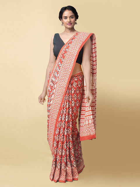 

Unnati Silks Women Red & White Pure Preet Bagru Mulmul Cotton Sustainable Saree