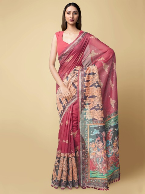 

Unnati Silks Red & Peach-Coloured Kalamkari Silk Cotton Chanderi Saree