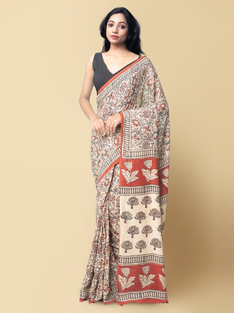 

Unnati Silks Women Cream-Coloured & Rust Pure Preet Bagru Mulmul Cotton Sustainable Saree