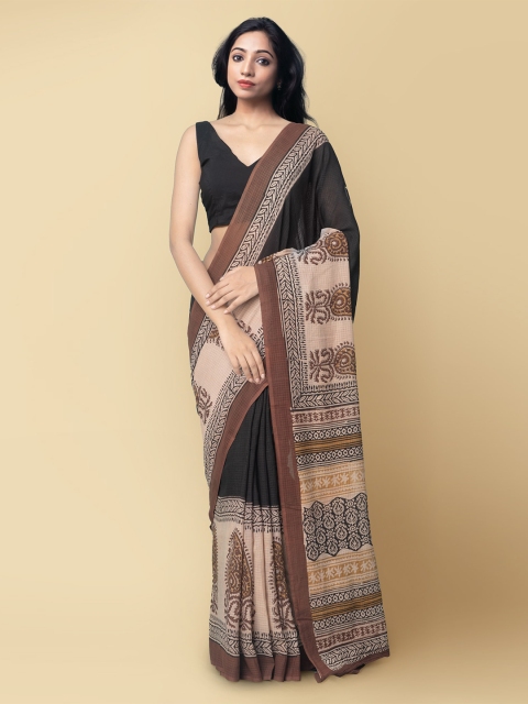 

Unnati Silks Black & Brown Ethnic Motifs Pure Cotton Bagru Saree