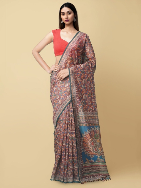 

Unnati Silks Brown & Green Kalamkari Silk Cotton Chanderi Saree