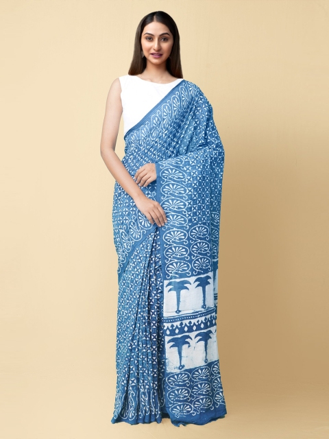 

Unnati Silks Women Blue & White Pure Preet Dabu Mulmul Cotton Sustainable Saree