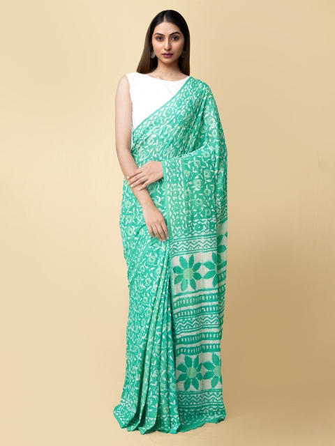 

Unnati Silks Women Sea Green & White Pure Preet Dabu Mulmul Cotton Sustainable Saree