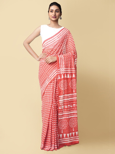 

Unnati Silks Red & White Dabu Pure Cotton Dabu Saree