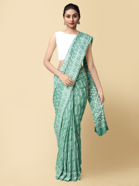 

Unnati Silks Green & White Dabu Pure Cotton Dabu Saree