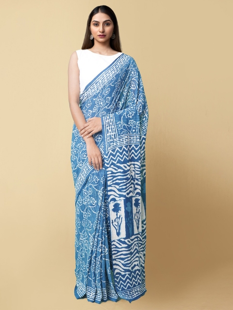 

Unnati Silks Women Blue & White Pure Preet Dabu Mulmul Cotton Sustainable Saree