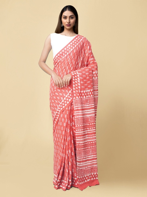 

Unnati Silks Red & White Dabu Pure Cotton Dabu Saree
