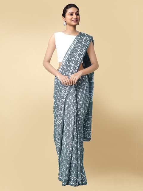 

Unnati Silks Women Grey & White Pure Preet Dabu Mulmul Cotton Sustainable Saree