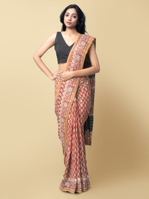 

Unnati Silks Women Red & Black Pure Preet Bagru Mulmul Cotton Sustainable Saree