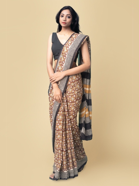 

Unnati Silks Women Brown & Mustard Pure Preet Bagru Mulmul Cotton Sustainable Saree