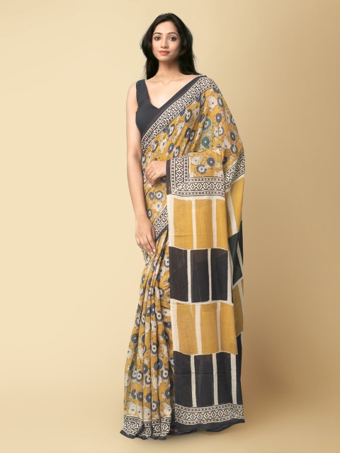 

Unnati Silks Women Mustard & Cream-Coloured Pure Preet Bagru Mulmul Cotton Sustainable Saree