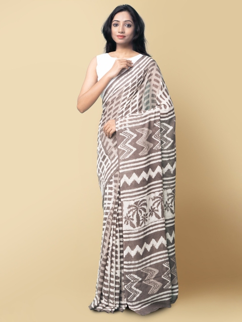 

Unnati Silks Women Grey & White Pure Preet Dabu Mulmul Cotton Sustainable Saree