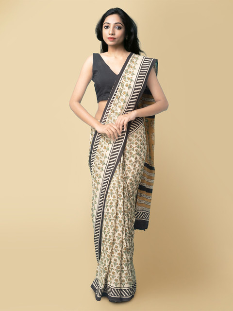 

Unnati Silks Women Cream-Coloured & Black Pure Preet Bagru Mulmul Cotton Sustainable Saree