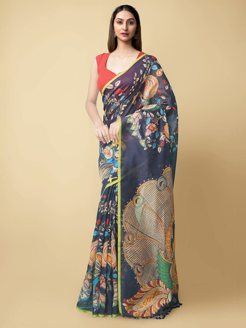 

Unnati Silks Blue & Yellow Kalamkari Silk Cotton Chanderi Saree