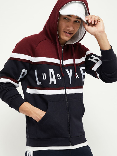 

max Men Blue Colourblocked Hooded Sweatshirt