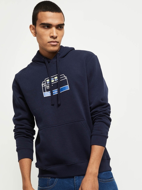 

max Men Blue Printed Hooded Sweatshirt