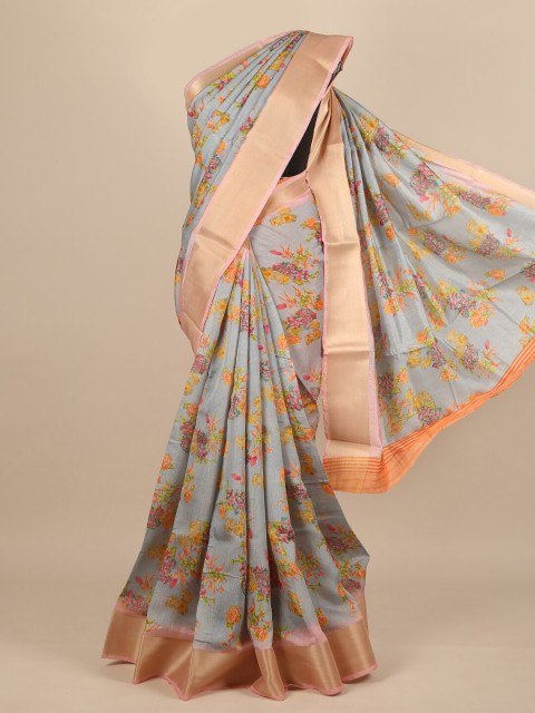 

Pothys Grey & Orange Floral Zari Saree