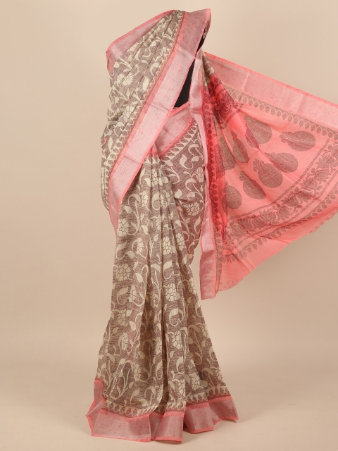

Pothys Cream-Coloured & Pink Floral Saree