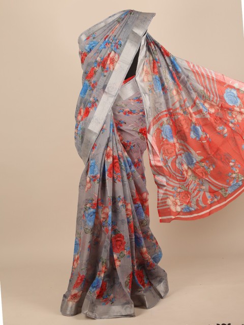 

Pothys Grey & Red Floral Zari Saree