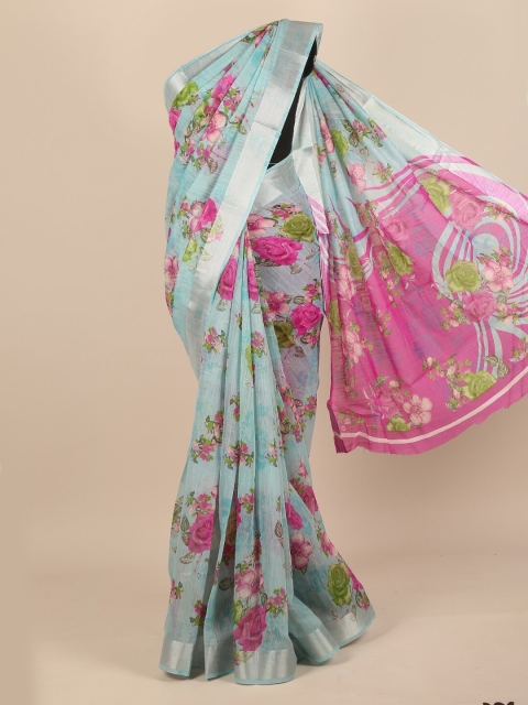 

Pothys Turquoise Blue & Pink Floral Printed Saree