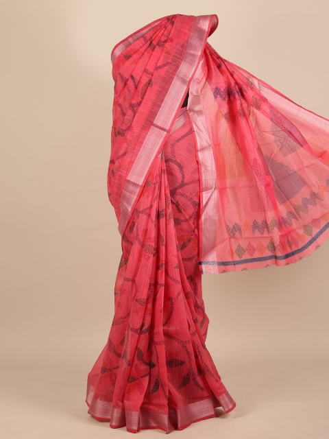 

Pothys Pink & Silver-Toned Geometric Printed Saree