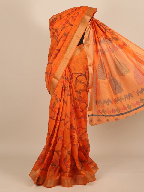 

Pothys Orange & Gold-Toned Floral Printed Saree
