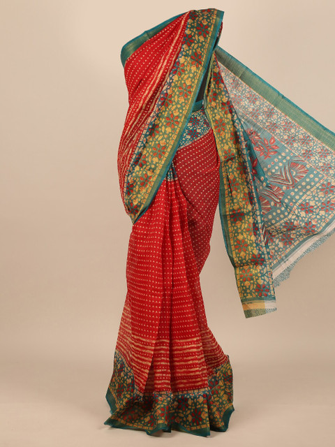 

Pothys Women Red & Green Cotton Blended Batik Printed Saree