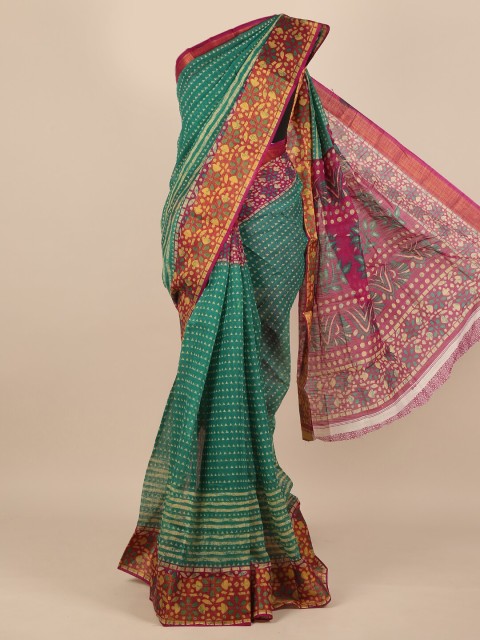 

Pothys Women Green & Pink Cotton Blended Batik Printed Saree